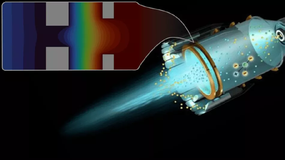 Numerical Simulation of Particle Trajectories in Ion Thruster Grid Region Plasma using a PIC-DSMC Code